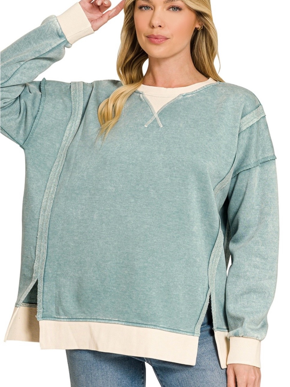 Zenana Outfitters Washed Sage Green Pullover with Cream Trim
